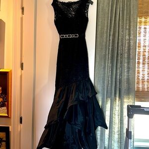 Teri Jon black lace long dress with crystal belt